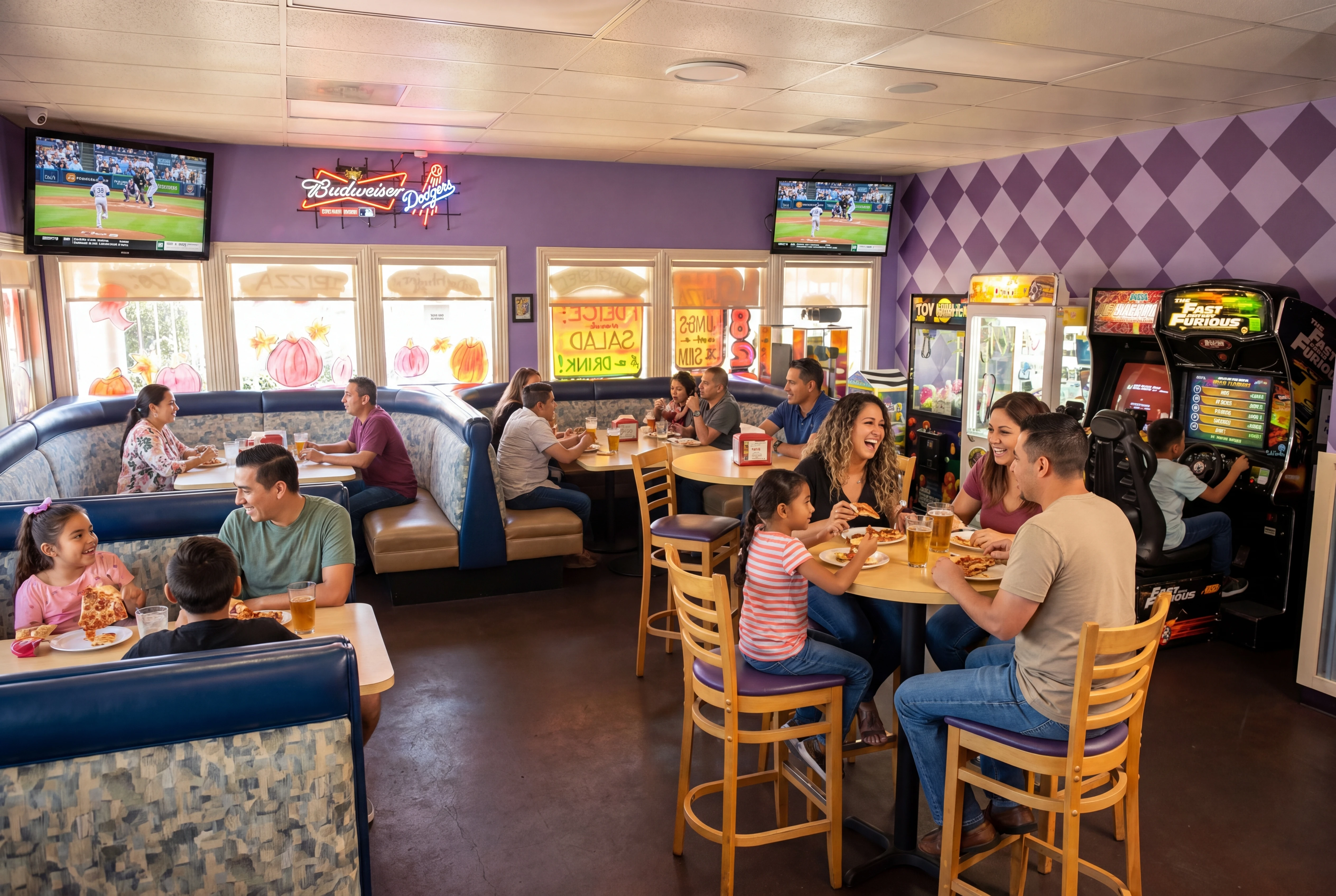 Families sharing pizza and pitchers of beer in the dining room at Baldwin Park Pizza Company, with arcade games and ballgames on the TVs