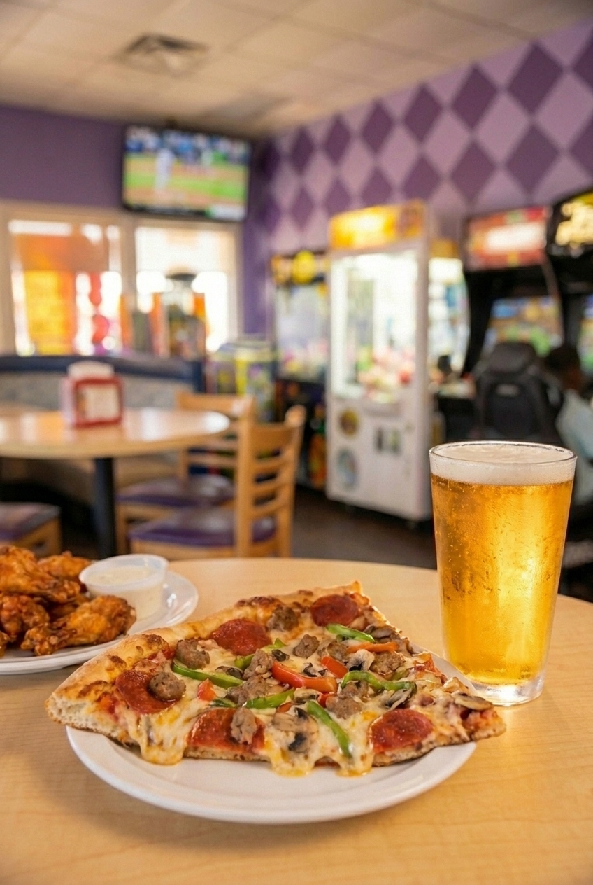 A hand-tossed pizza and Buffalo wings beside a cold draft beer
